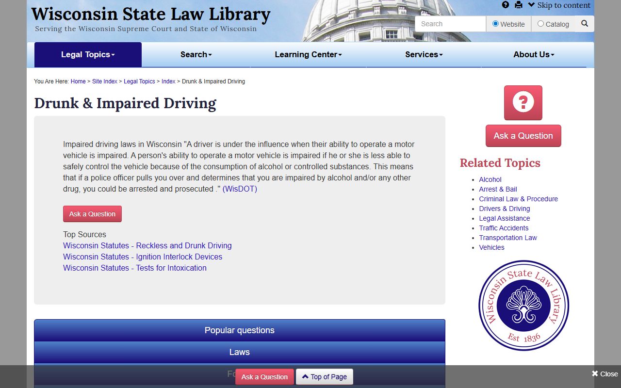 Wisconsin DUI Records Wisconsin State Law Library page