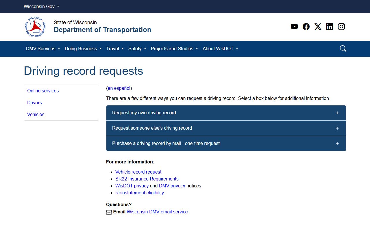 Wisconsin DUI Records driving record request page